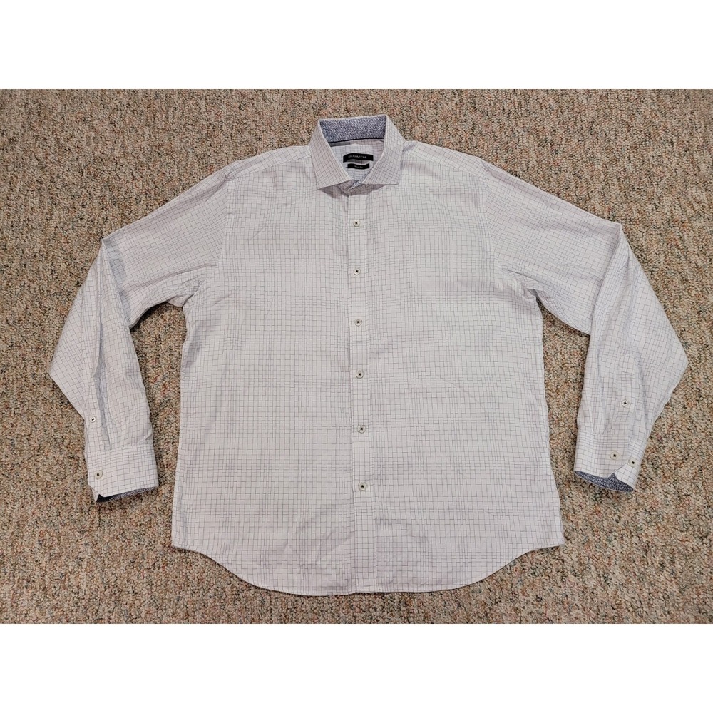 Bugatchi Shirt Mens XL White Blue Graph Check Cotton Classic Fit Long Sleeve